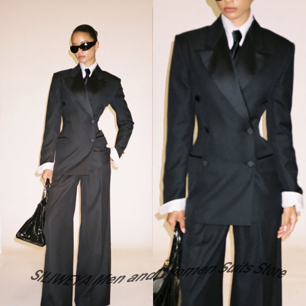 Women'S Elegant Formal Wear - Professional Women's Black Double-Breasted Suit Slim
