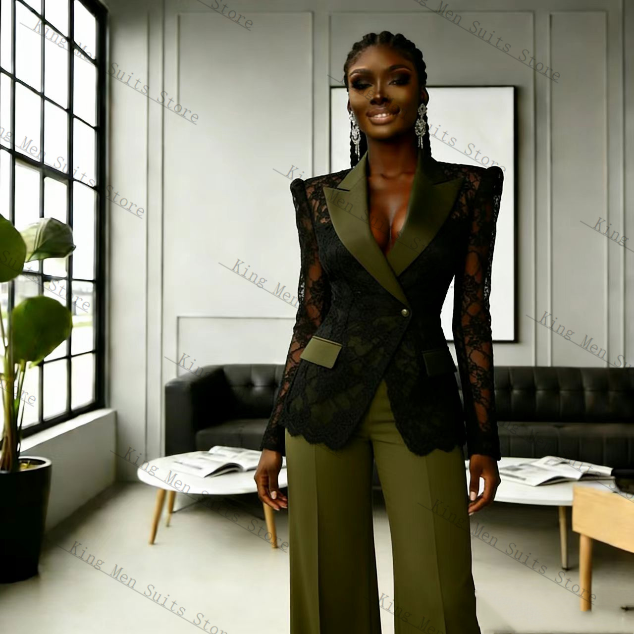Women Formal Wear Coat - Green Black Lace Women Suit Set