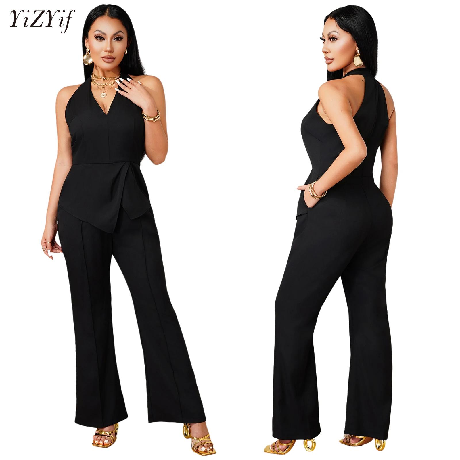 Women'S Elegant Formal Wear - Sleeveless V-neck Jumpsuit Asymmetric Draped Overlay