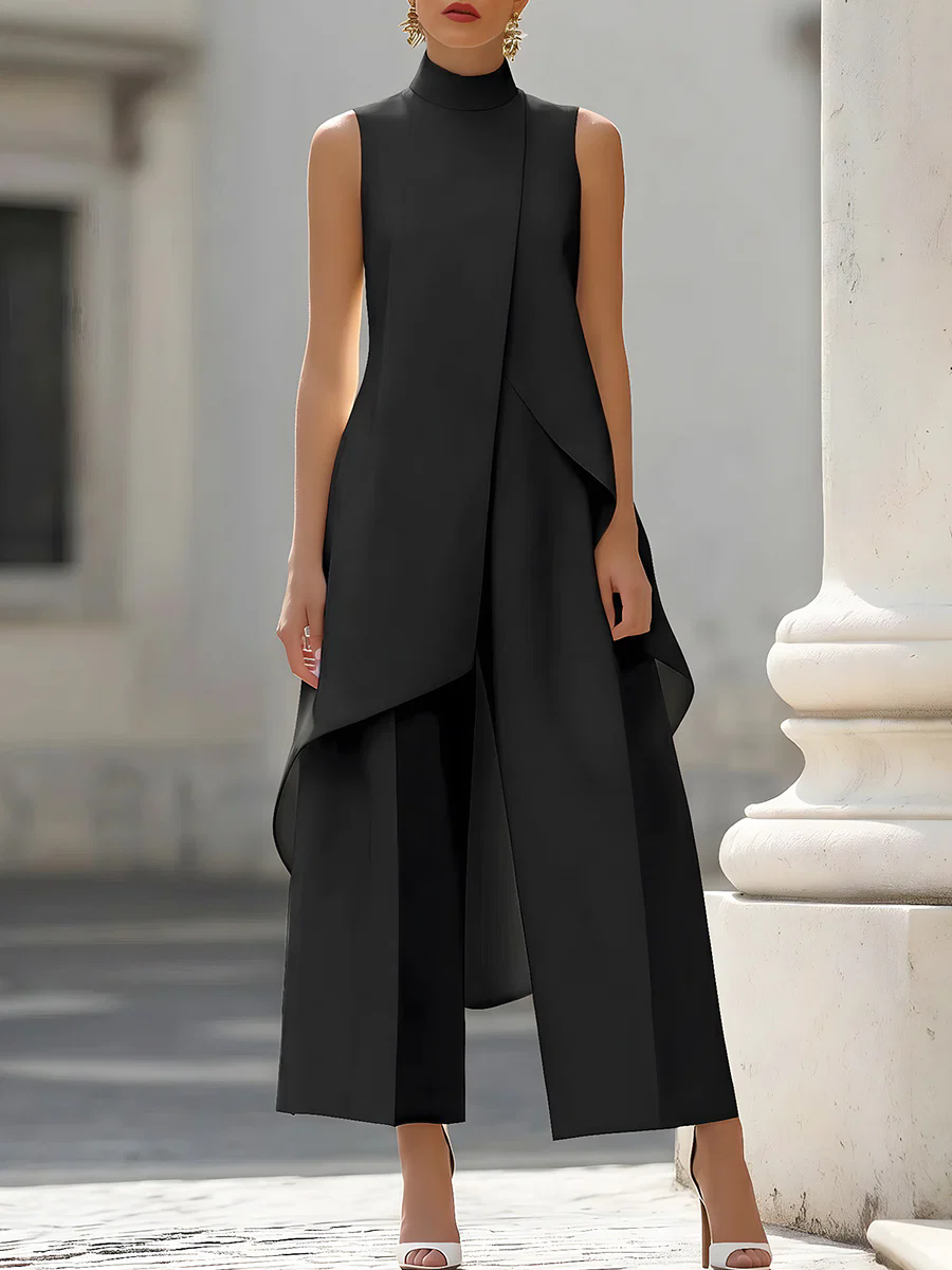 Women'S Elegant Formal Wear - Sleeveless High Neck Asymmetrical Overlay Jumpsuit
