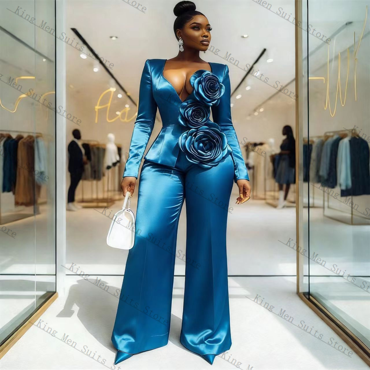 Blue Satin Women Suit Set 2 Pc - Women Formal Wear Coat review and price