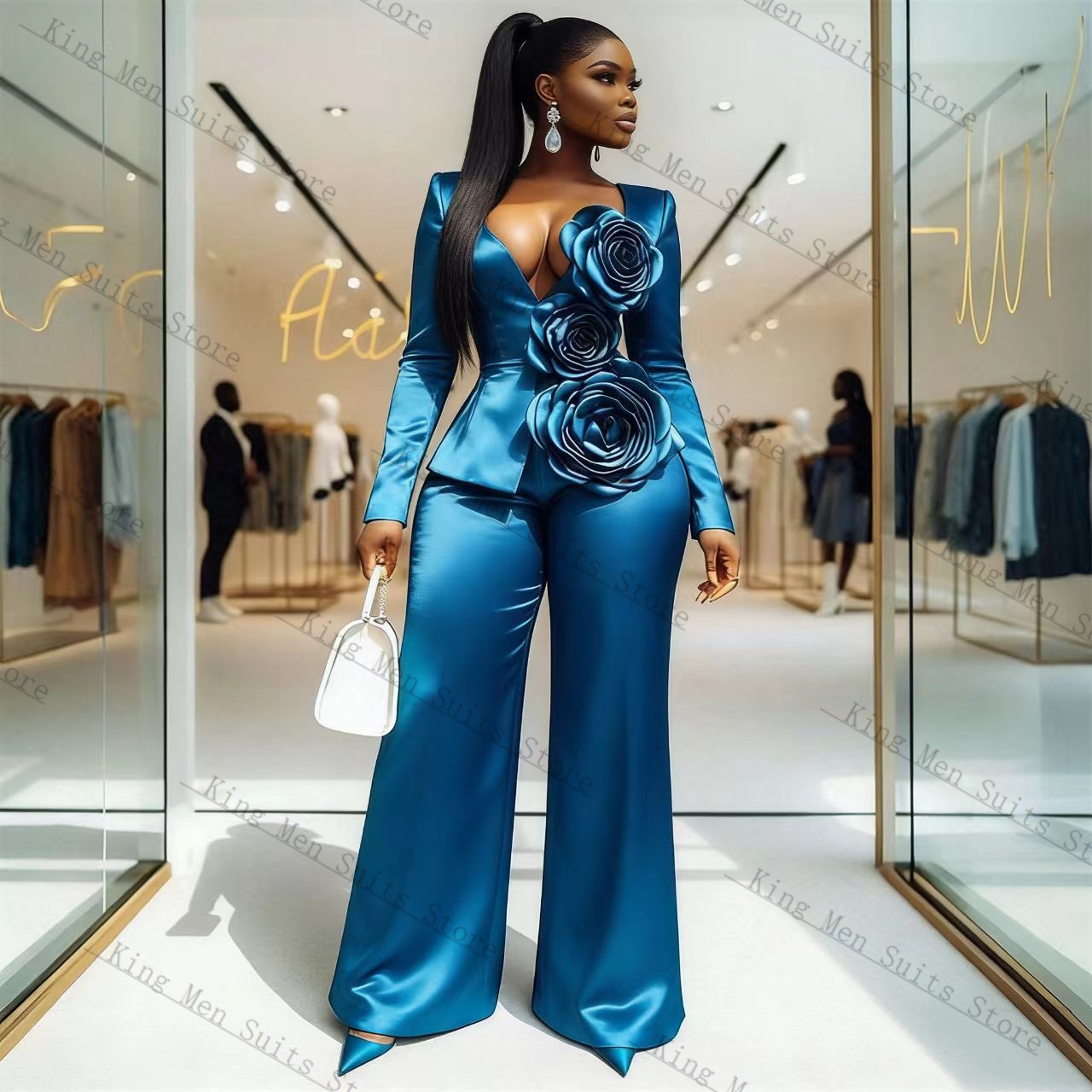 Blue Satin Women Suit Set 2 Pc - Women Formal Wear Coat review and price